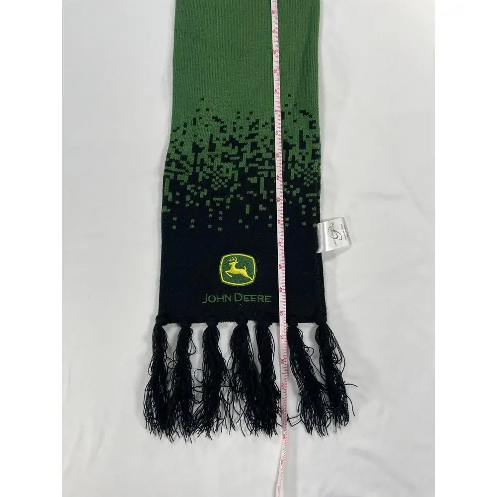John Deere Cary Francis Knit Scarf Green Black Pixel Print Fringe Unisex Adult